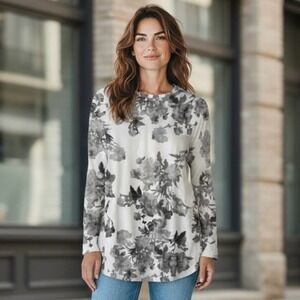 Pure Jill By J. Jill Black White‎ & Grey Floral Long Sleeve Shirttail Tee Shirt